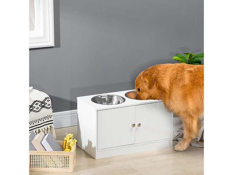 Gamelle double chien chat - porte-gamelles surélevé armoire 2 en 1 - 2 portes, 2 gamelles - acier inox. MDF blanc