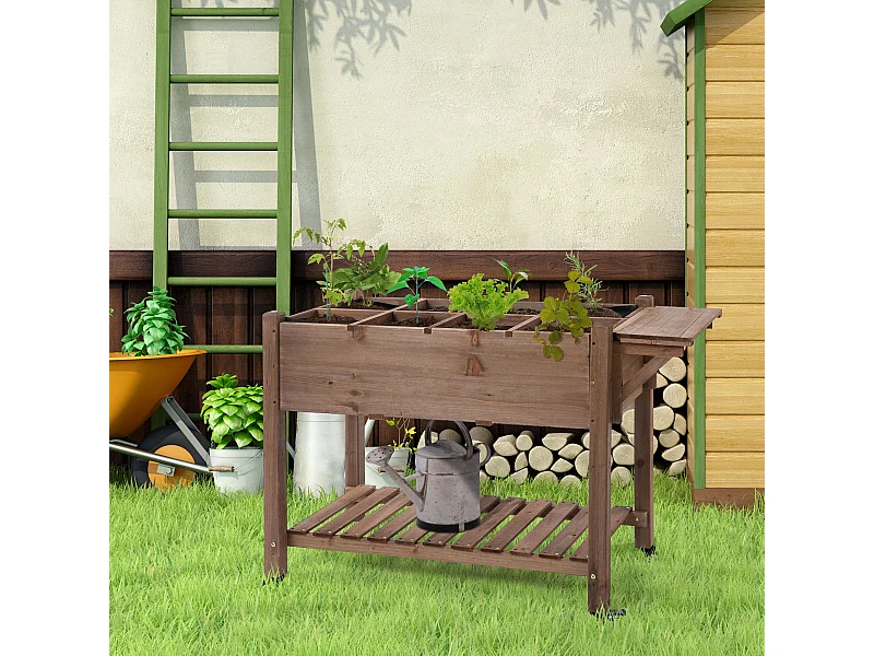 Jardinière sur pied - potager sur roulettes - étagère, tablette rabattable, inserts d'irrigation, feutre drainage - bois pré-huilé foncé