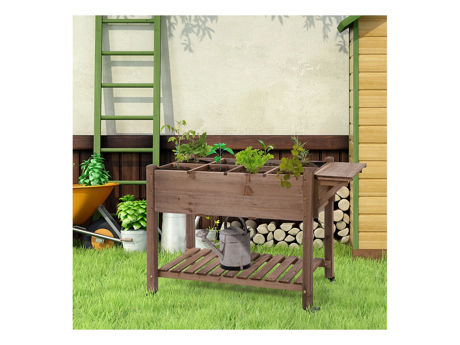 Jardinière sur pied - potager sur roulettes - étagère, tablette rabattable, inserts d'irrigation, feutre drainage - bois pré-huilé foncé