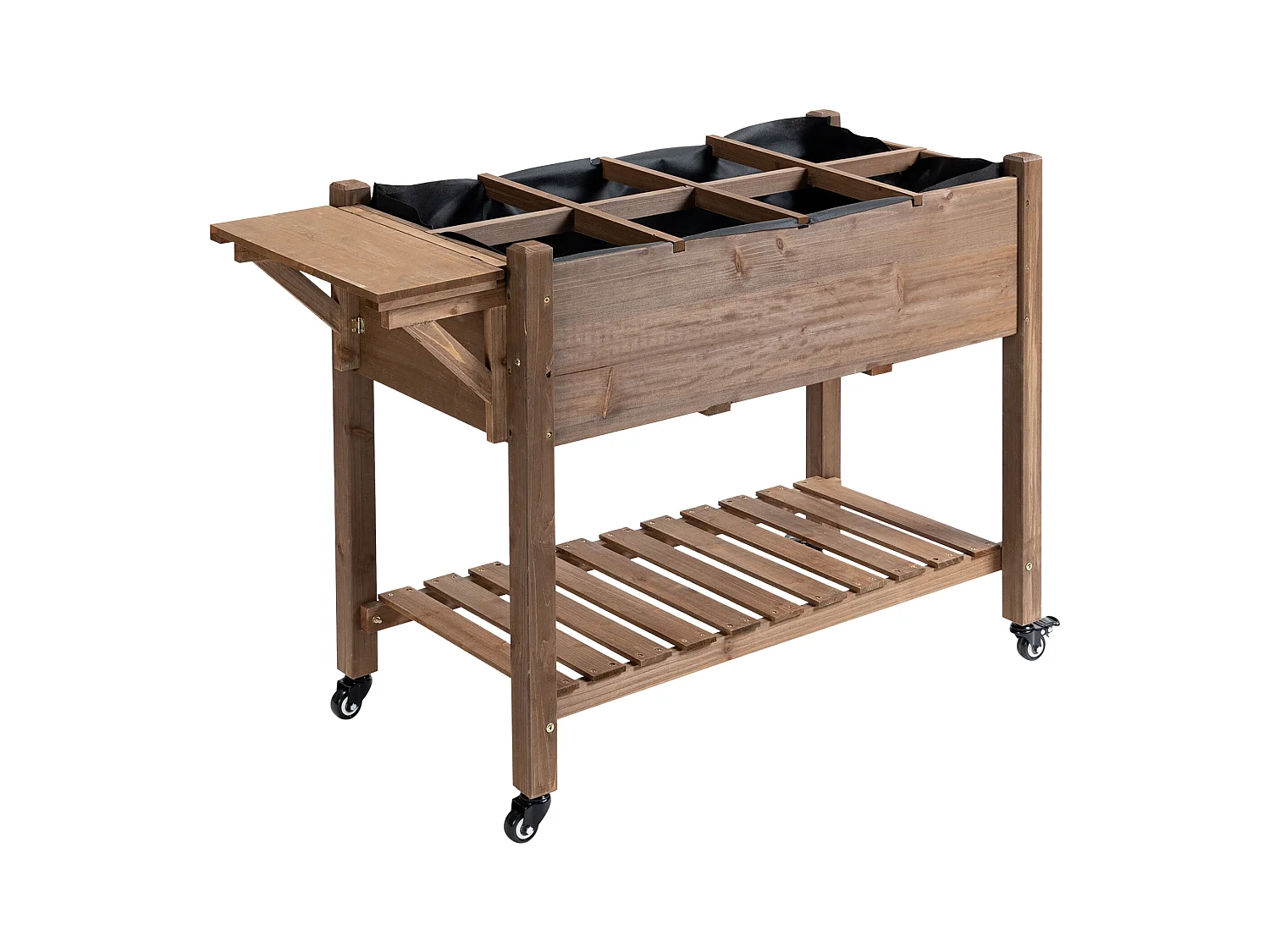 Jardinière sur pied - potager sur roulettes - étagère, tablette rabattable, inserts d'irrigation, feutre drainage - bois pré-huilé foncé