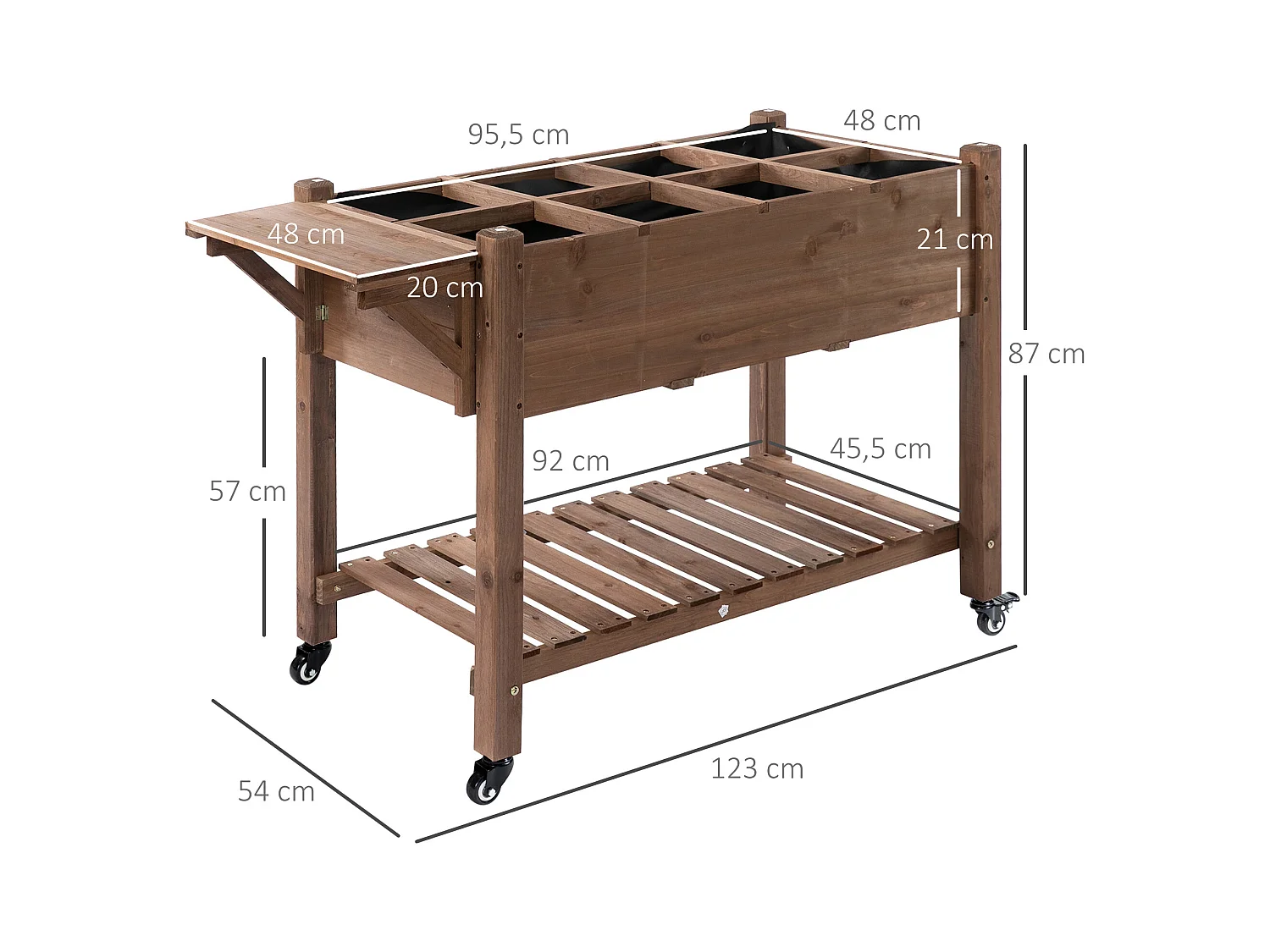 Jardinière sur pied - potager sur roulettes - étagère, tablette rabattable, inserts d'irrigation, feutre drainage - bois pré-huilé foncé