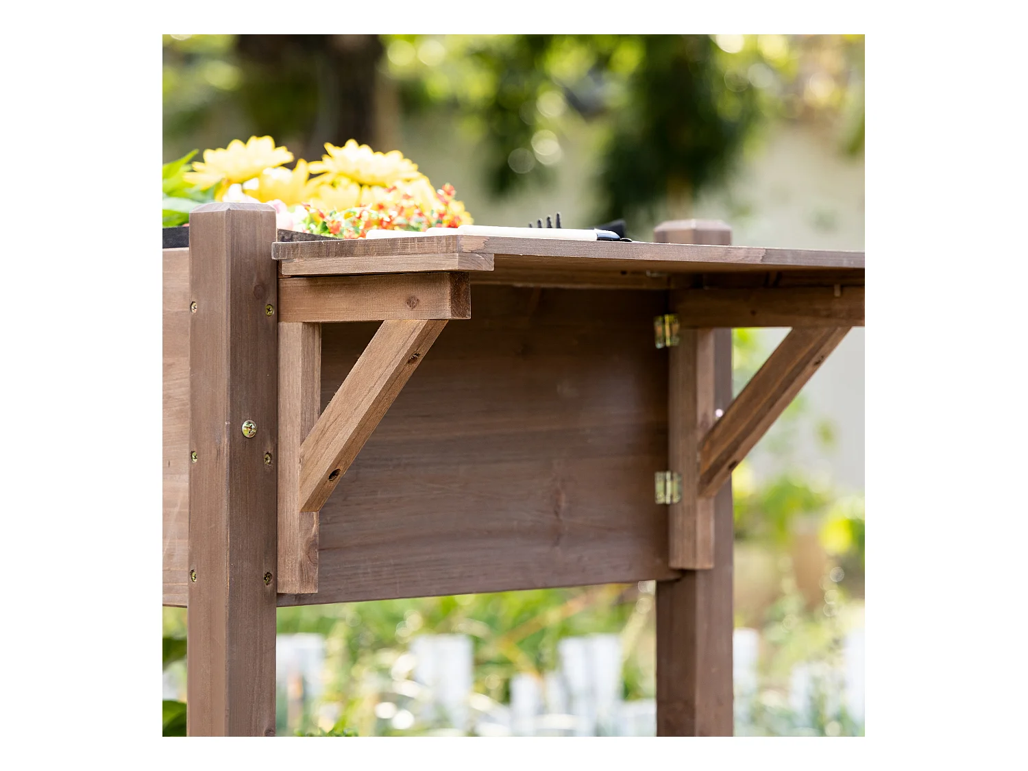 Jardinière sur pied - potager sur roulettes - étagère, tablette rabattable, inserts d'irrigation, feutre drainage - bois pré-huilé foncé