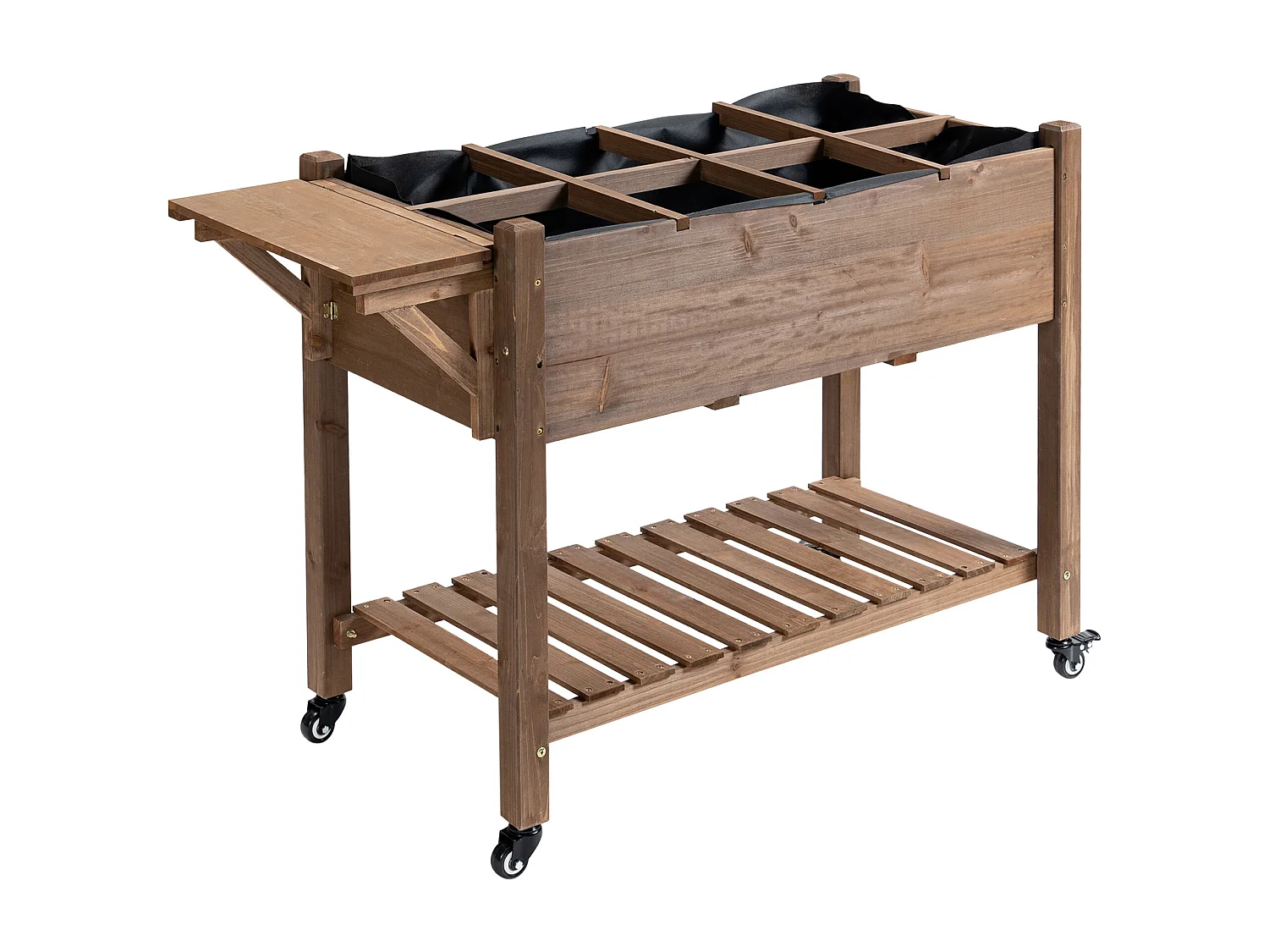 Jardinière sur pied - potager sur roulettes - étagère, tablette rabattable, inserts d'irrigation, feutre drainage - bois pré-huilé foncé