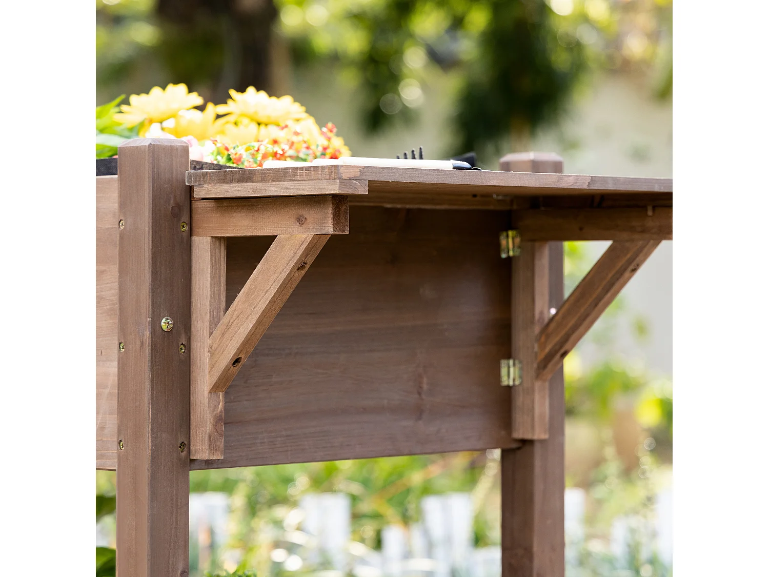 Jardinière sur pied - potager sur roulettes - étagère, tablette rabattable, inserts d'irrigation, feutre drainage - bois pré-huilé foncé