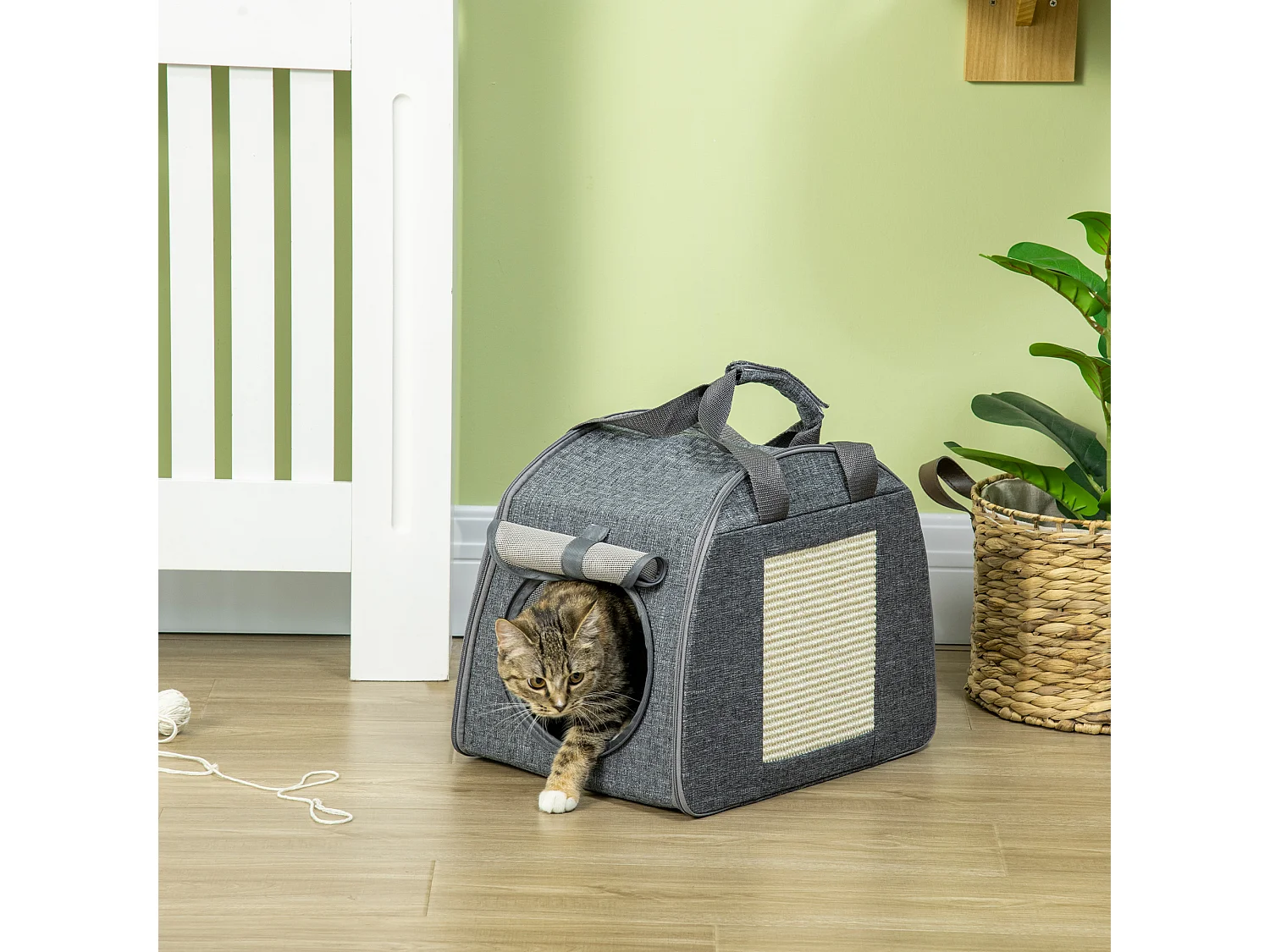 Sac de transport pliable pour chien chat - poignée, grattoir - dim. 40,5L x 29l x 34H cm - MDF PVC tissu aspect lin vert de gris