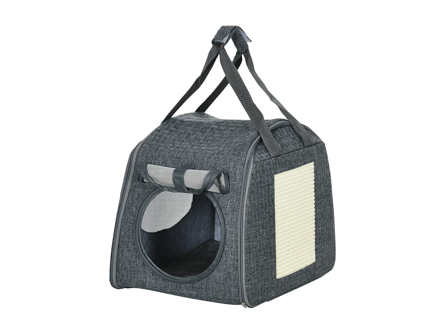 Sac de transport pliable pour chien chat - poignée, grattoir - dim. 40,5L x 29l x 34H cm - MDF PVC tissu aspect lin vert de gris