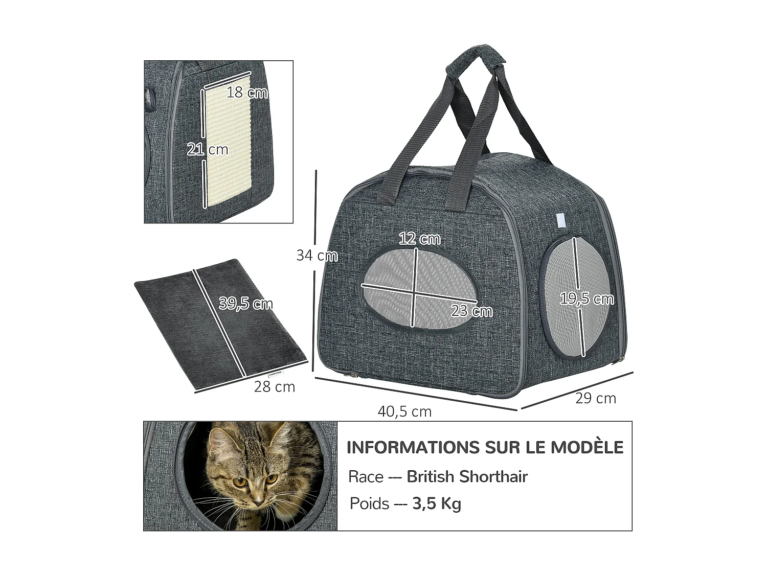 Sac de transport pliable pour chien chat - poignée, grattoir - dim. 40,5L x 29l x 34H cm - MDF PVC tissu aspect lin vert de gris