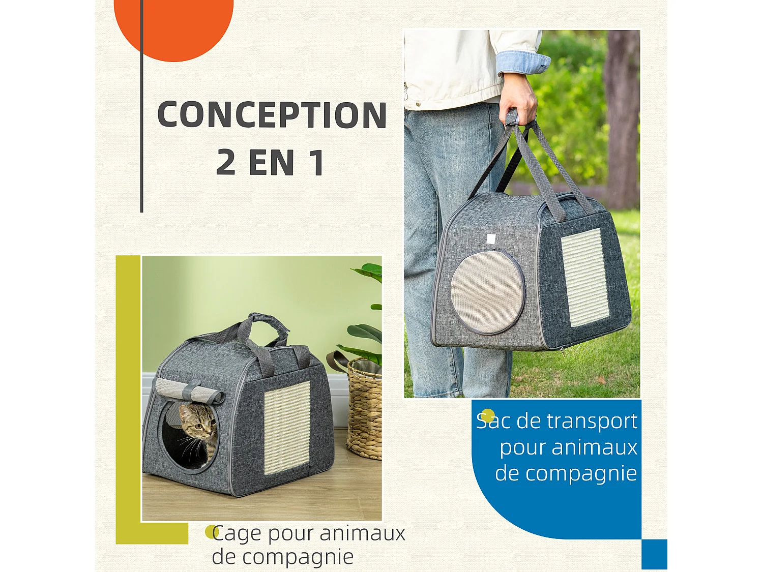 Sac de transport pliable pour chien chat - poignée, grattoir - dim. 40,5L x 29l x 34H cm - MDF PVC tissu aspect lin vert de gris