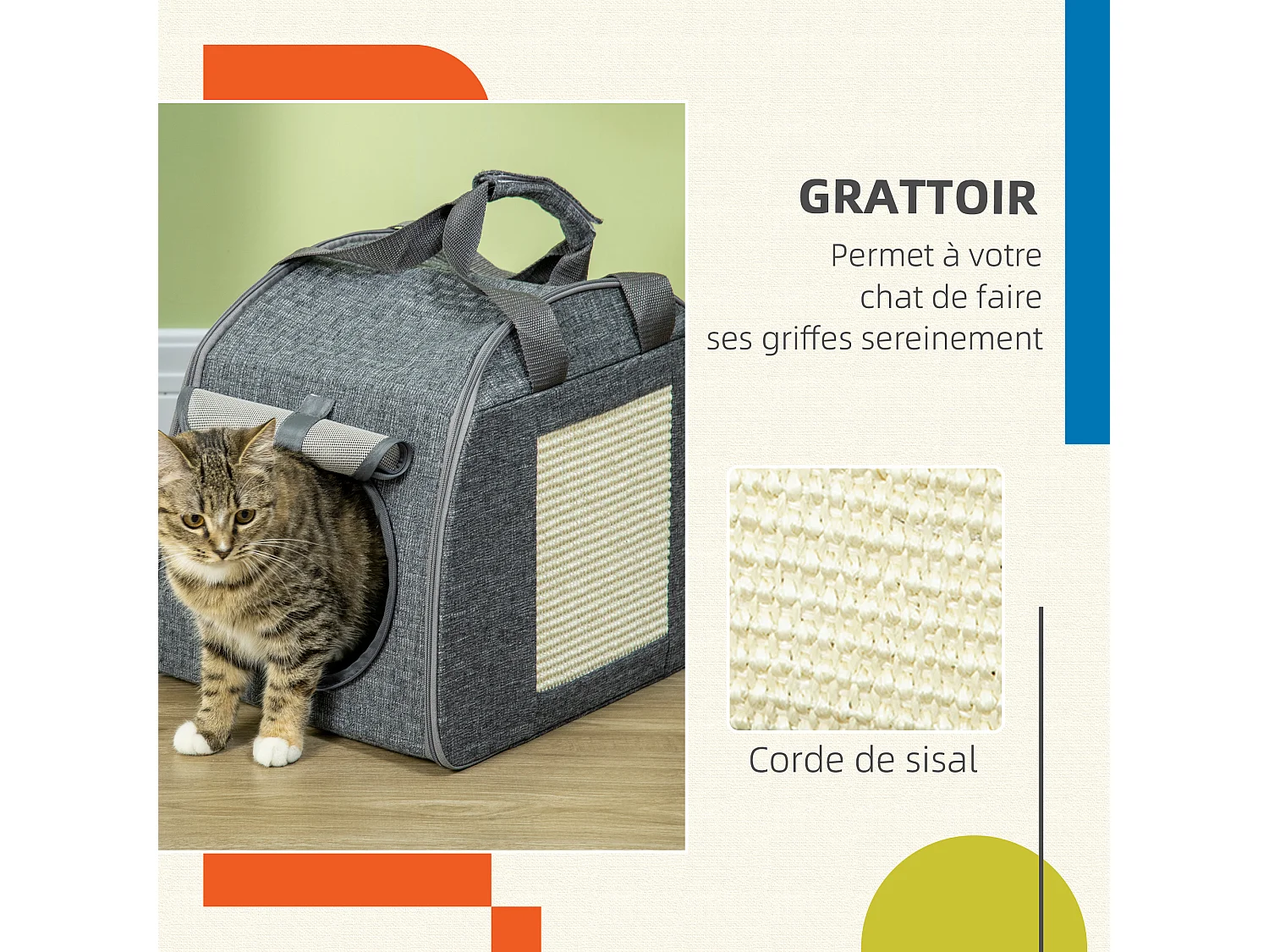Sac de transport pliable pour chien chat - poignée, grattoir - dim. 40,5L x 29l x 34H cm - MDF PVC tissu aspect lin vert de gris
