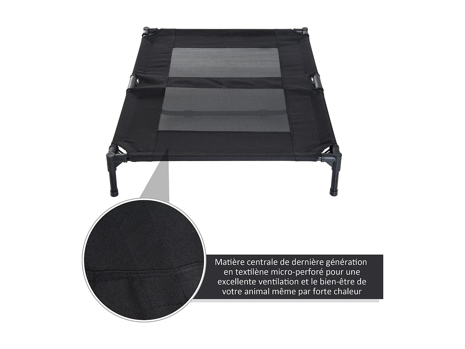 Lit sur pieds pour chien chat lit de camp animal lit surélevé Oxford textilène micro-perforé dim. 92L x 76l x 18H cm noir