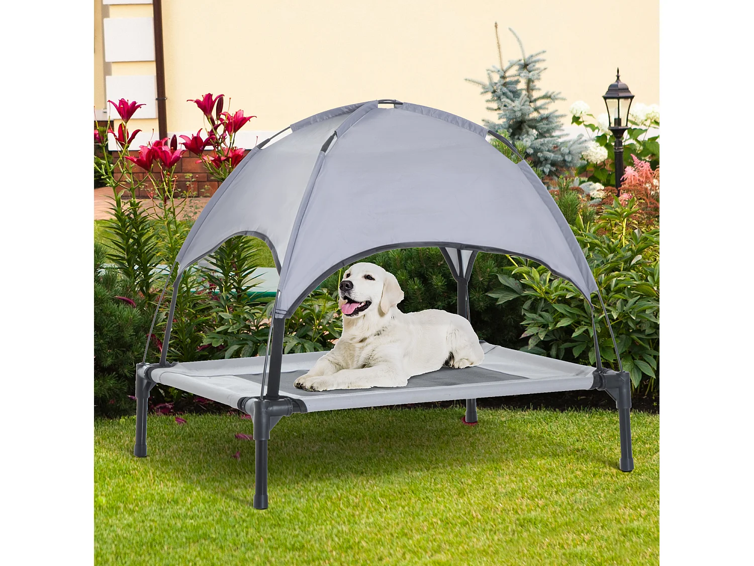 Lit pour chien chat ur pied lit de camp lit urélevé rafraîchiant velum anti-UV Oxford micro-perforé paraol et ac de tranport inclu dim. 61L x 46l x 61H cm gri noir