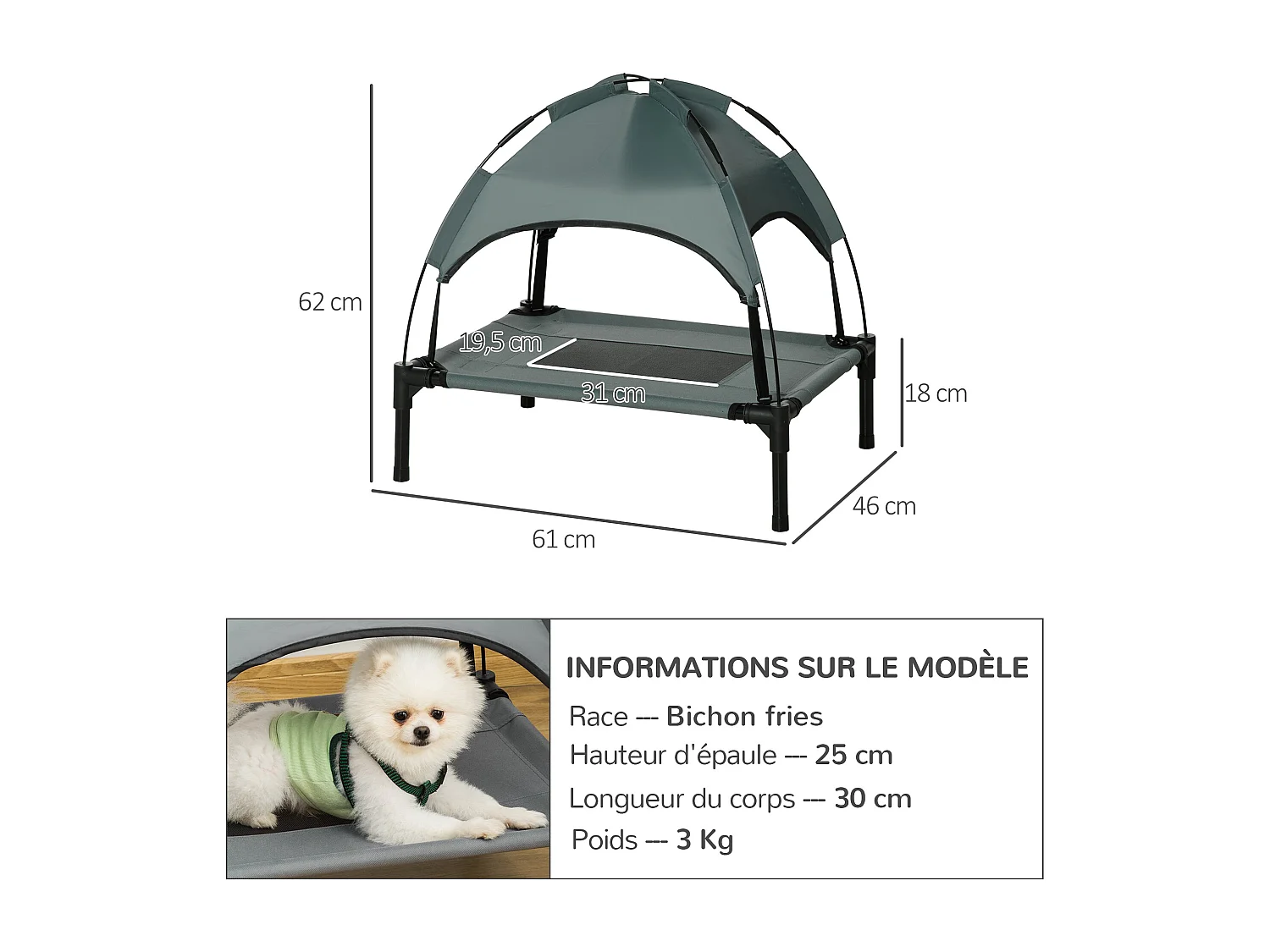 Lit pour chien chat ur pied lit de camp lit urélevé rafraîchiant velum anti-UV Oxford micro-perforé paraol et ac de tranport inclu dim. 61L x 46l x 61H cm gri noir
