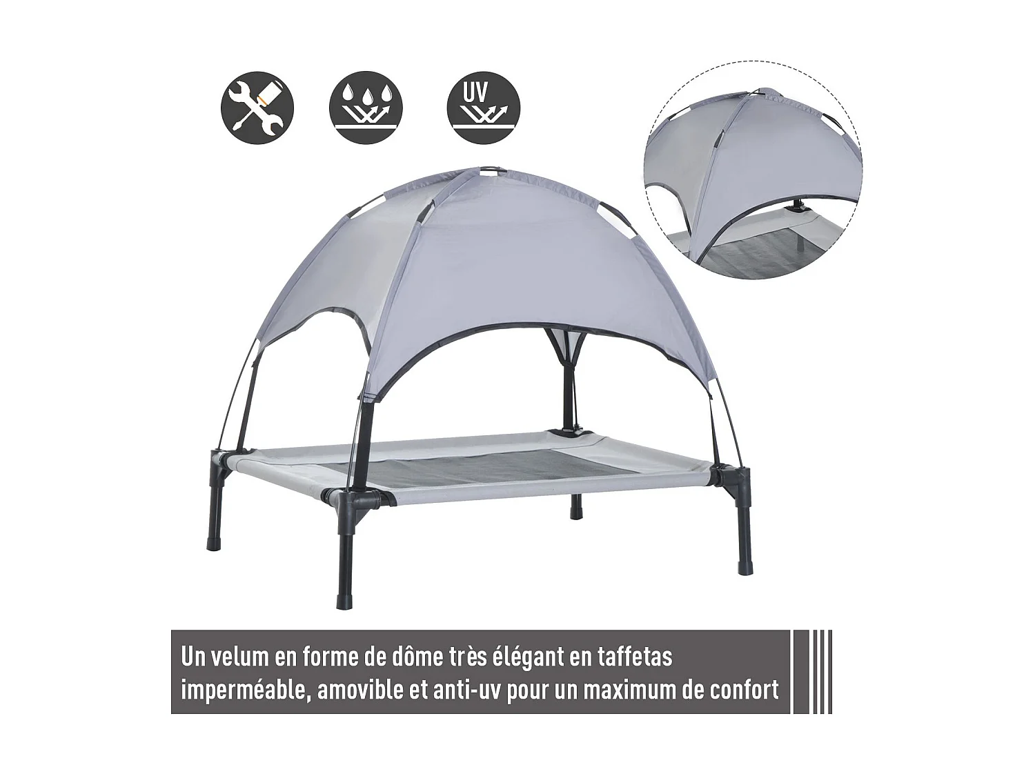 Lit pour chien chat ur pied lit de camp lit urélevé rafraîchiant velum anti-UV Oxford micro-perforé paraol et ac de tranport inclu dim. 61L x 46l x 61H cm gri noir