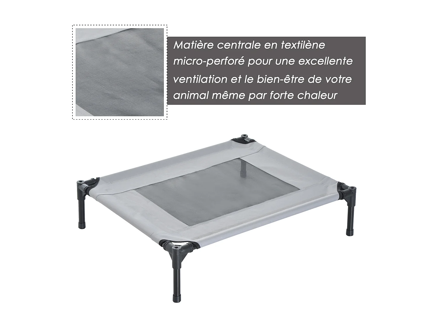 Lit pour chien chat ur pied lit de camp lit urélevé rafraîchiant velum anti-UV Oxford micro-perforé paraol et ac de tranport inclu dim. 61L x 46l x 61H cm gri noir