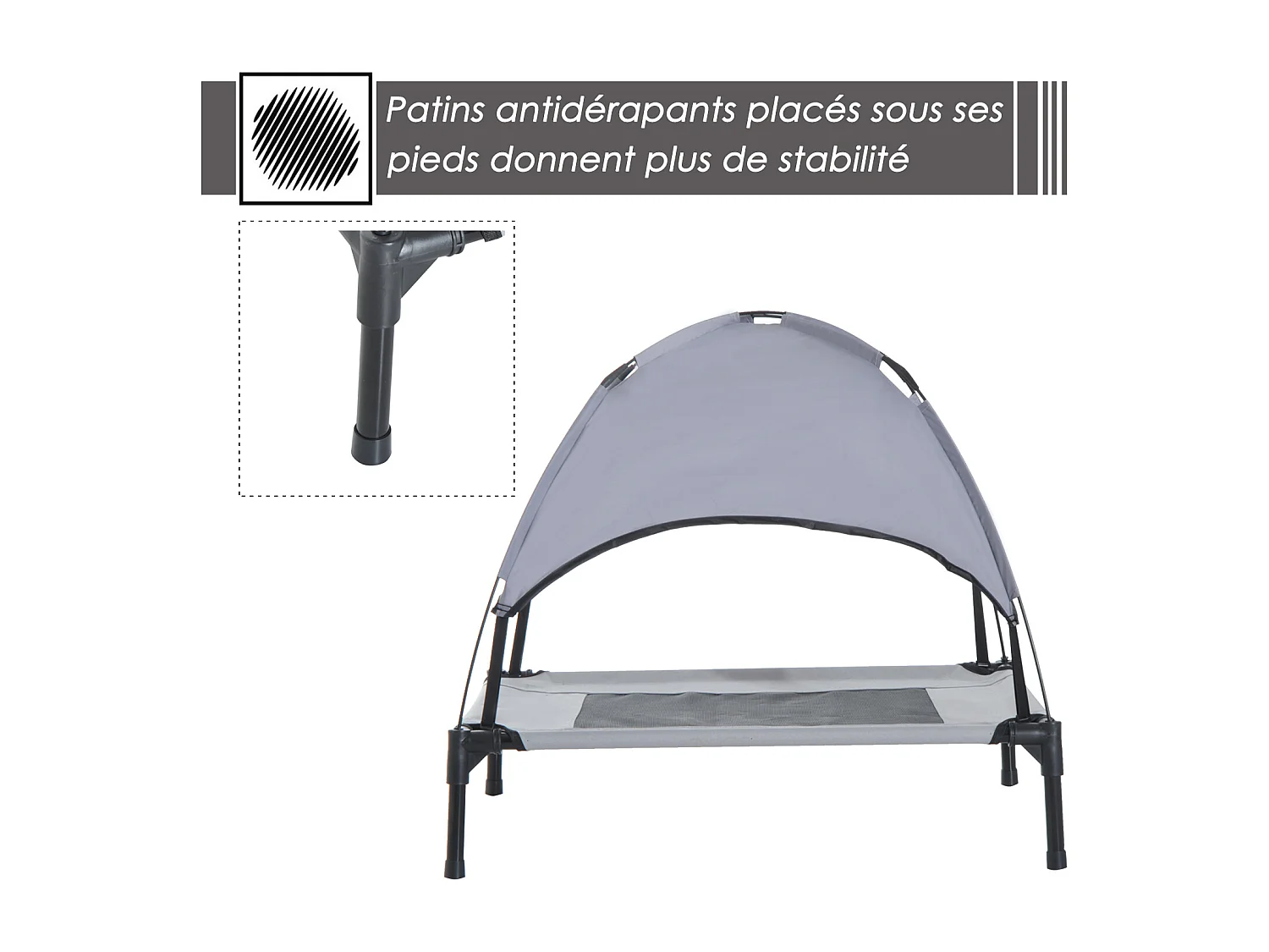 Lit pour chien chat ur pied lit de camp lit urélevé rafraîchiant velum anti-UV Oxford micro-perforé paraol et ac de tranport inclu dim. 61L x 46l x 61H cm gri noir