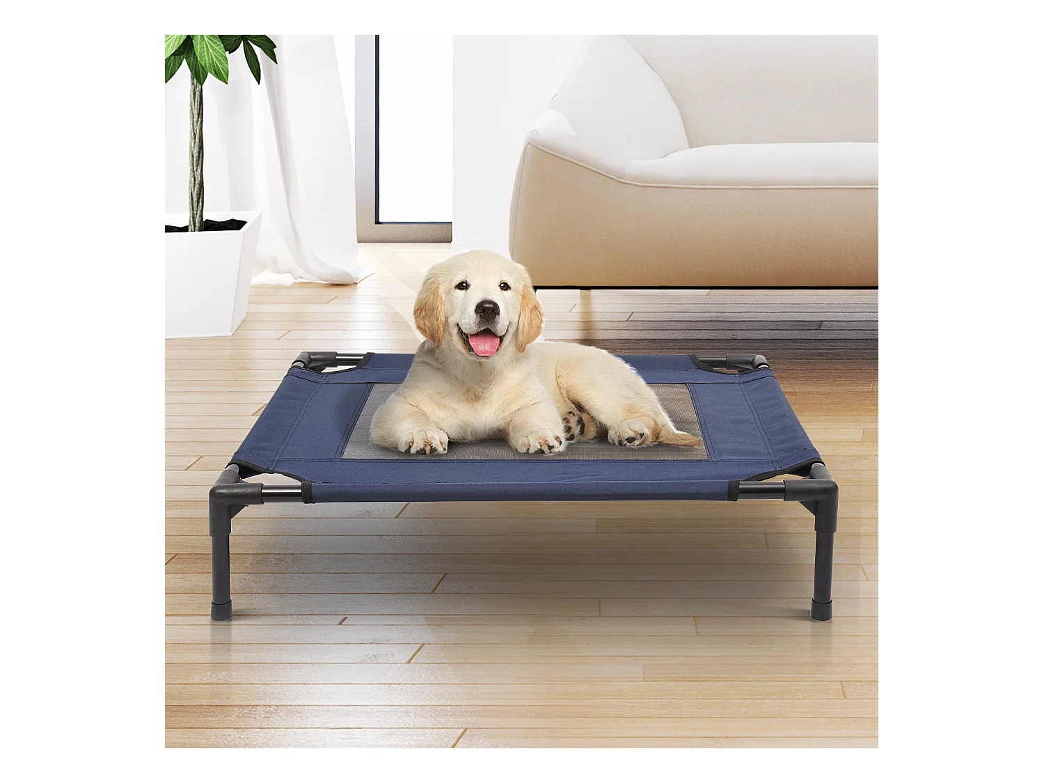 Lit pour chien chat lit de camp grand confort sur pieds tissu oxford textilène micro-perforé 76L x 61l x 18H cm bleu marine noir