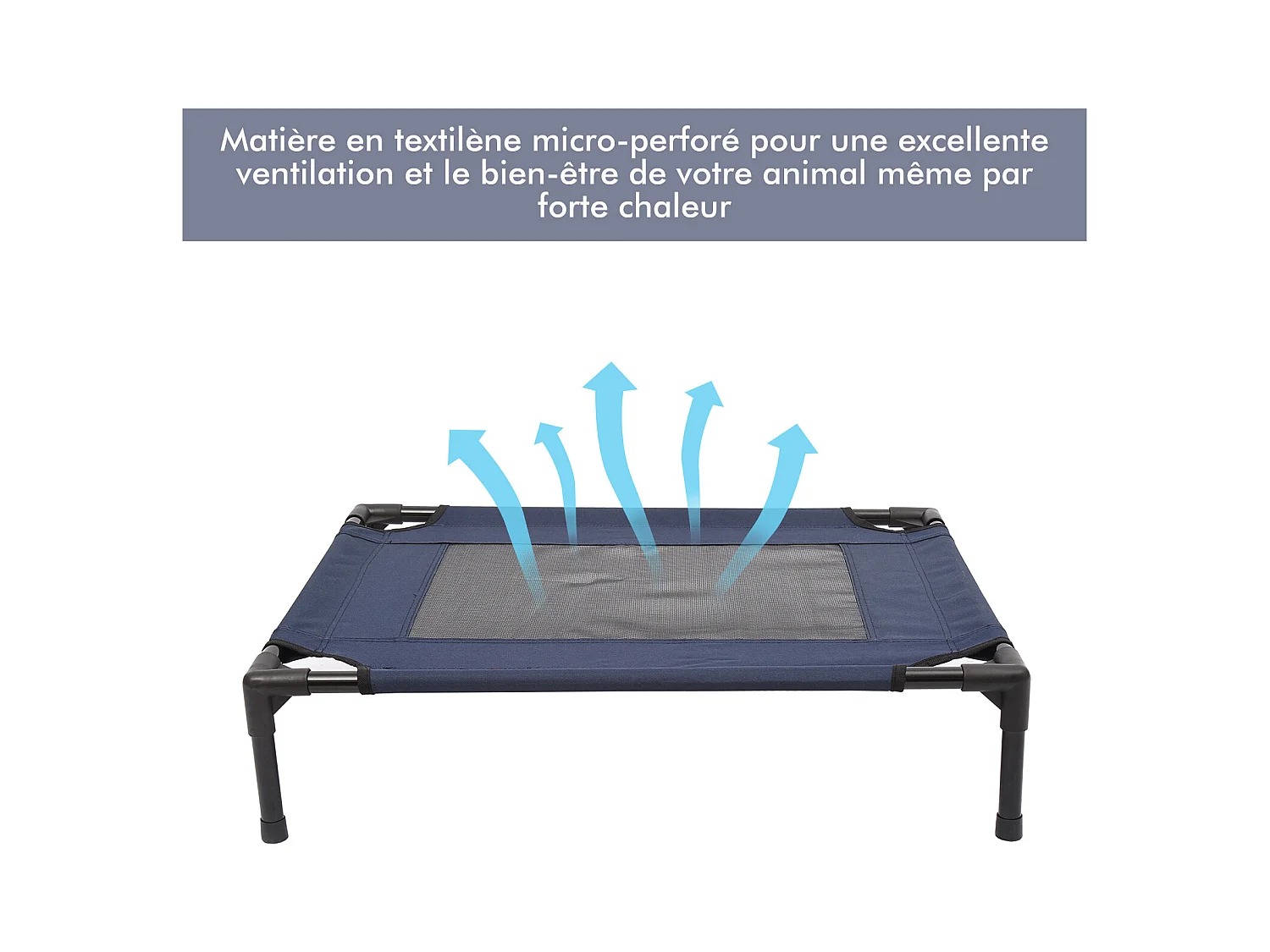 Lit pour chien chat lit de camp grand confort sur pieds tissu oxford textilène micro-perforé 76L x 61l x 18H cm bleu marine noir