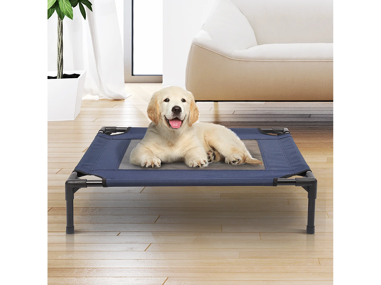 Lit pour chien chat lit de camp grand confort sur pieds tissu oxford textilène micro-perforé 76L x 61l x 18H cm bleu marine noir