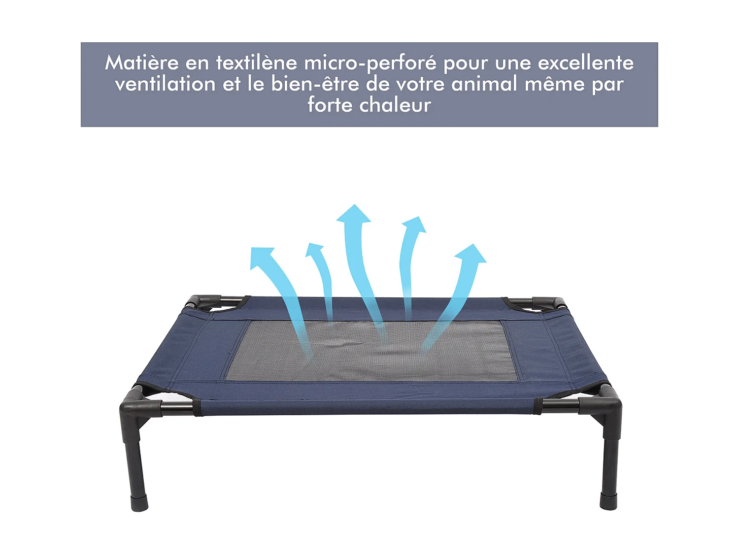 Lit pour chien chat lit de camp grand confort sur pieds tissu oxford textilène micro-perforé 76L x 61l x 18H cm bleu marine noir
