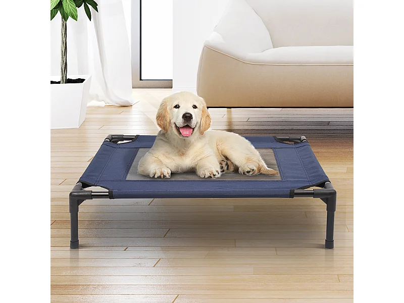 Lit pour chien chat lit de camp grand confort sur pieds tissu oxford textilène micro-perforé 76L x 61l x 18H cm bleu marine noir