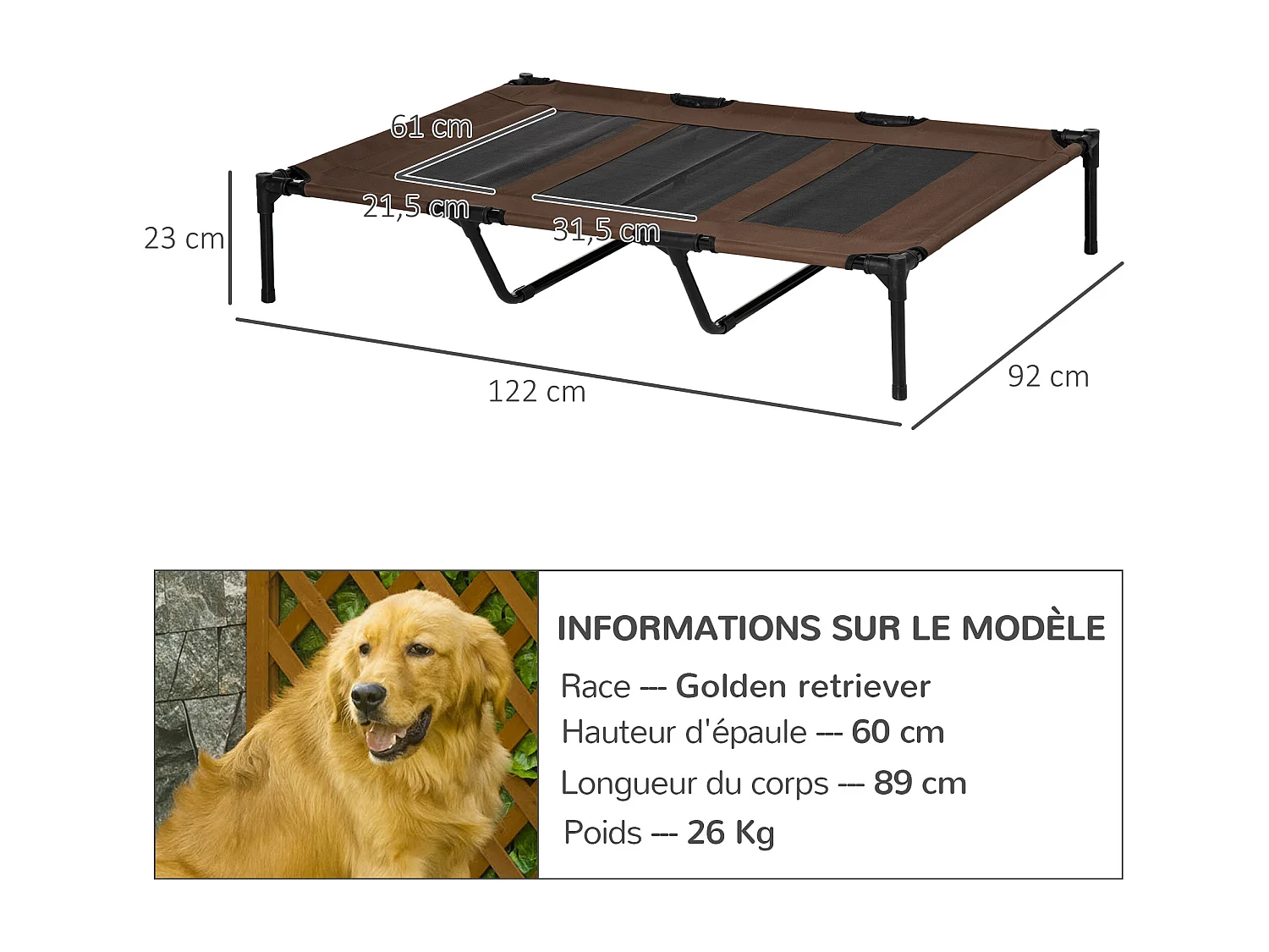 Lit sur pieds XXL pour chien chat lit de camp animal lit surélevé Oxford textilène micro-perforé dim. 122L x 92l x 23H cm marron clair
