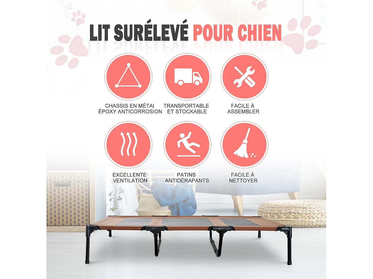 Lit sur pieds XXL pour chien chat lit de camp animal lit surélevé Oxford textilène micro-perforé dim. 122L x 92l x 23H cm marron clair