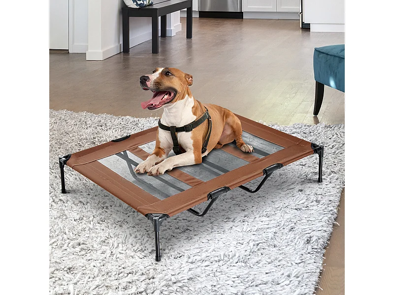 Lit sur pieds XXL pour chien chat lit de camp animal lit surélevé Oxford textilène micro-perforé dim. 122L x 92l x 23H cm marron clair