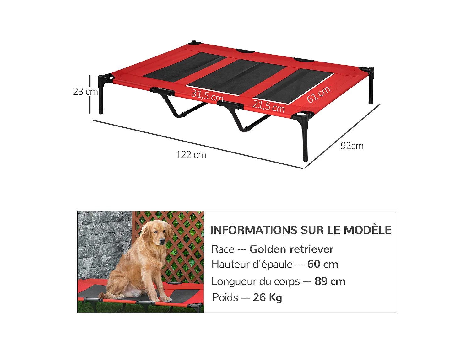 Lit sur pieds XXL pour chien chat lit de camp animal lit surélevé Oxford textilène micro-perforé dim. 122L x 92l x 23H cm rouge