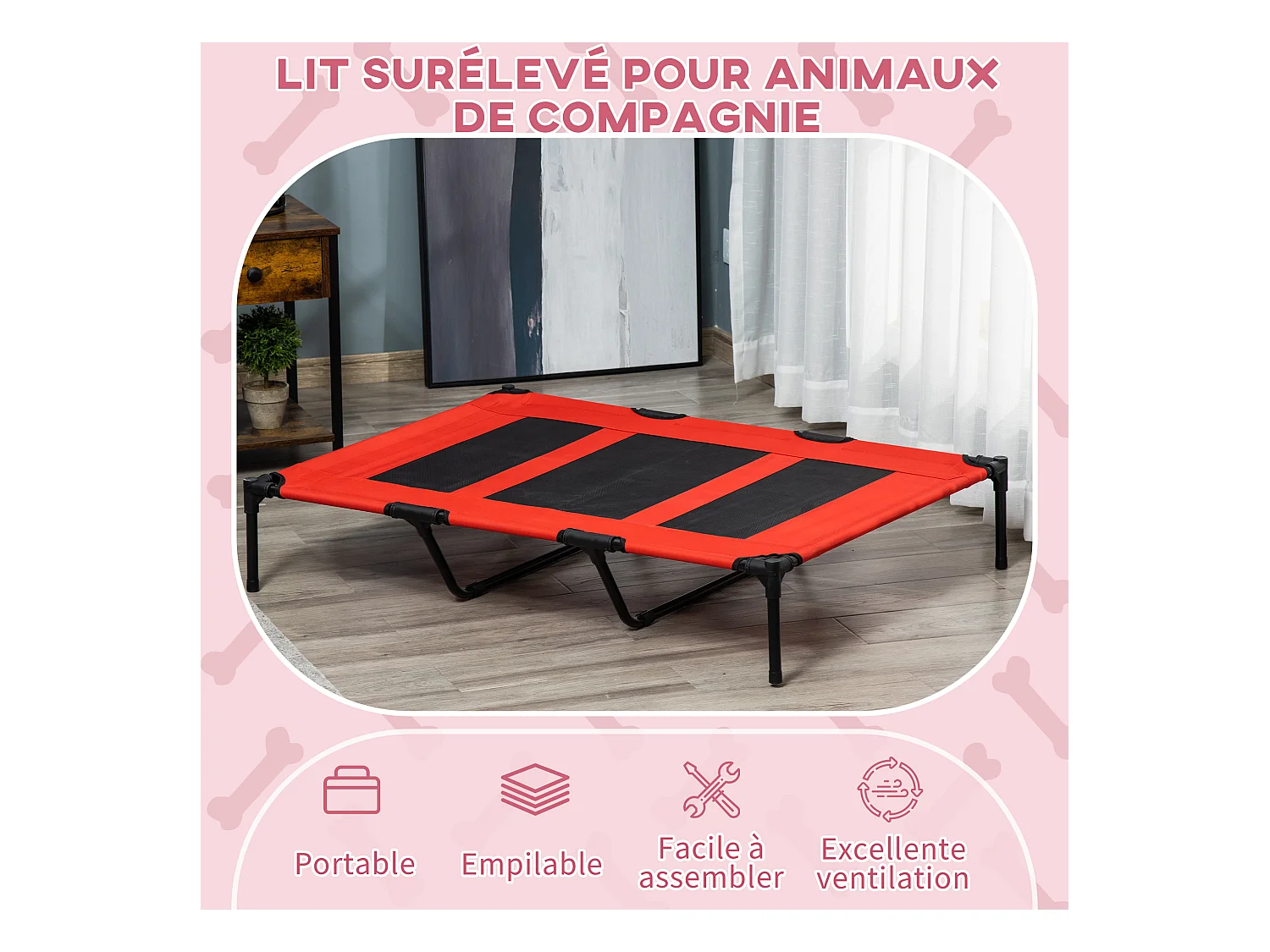 Lit sur pieds XXL pour chien chat lit de camp animal lit surélevé Oxford textilène micro-perforé dim. 122L x 92l x 23H cm rouge