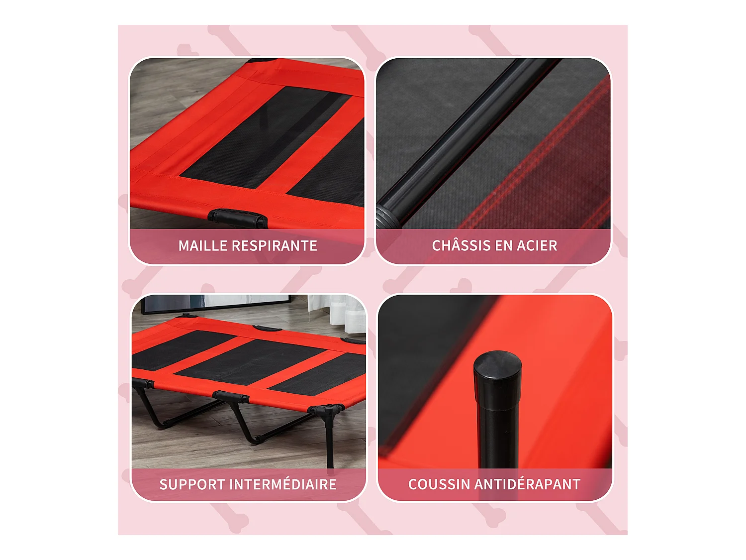 Lit sur pieds XXL pour chien chat lit de camp animal lit surélevé Oxford textilène micro-perforé dim. 122L x 92l x 23H cm rouge