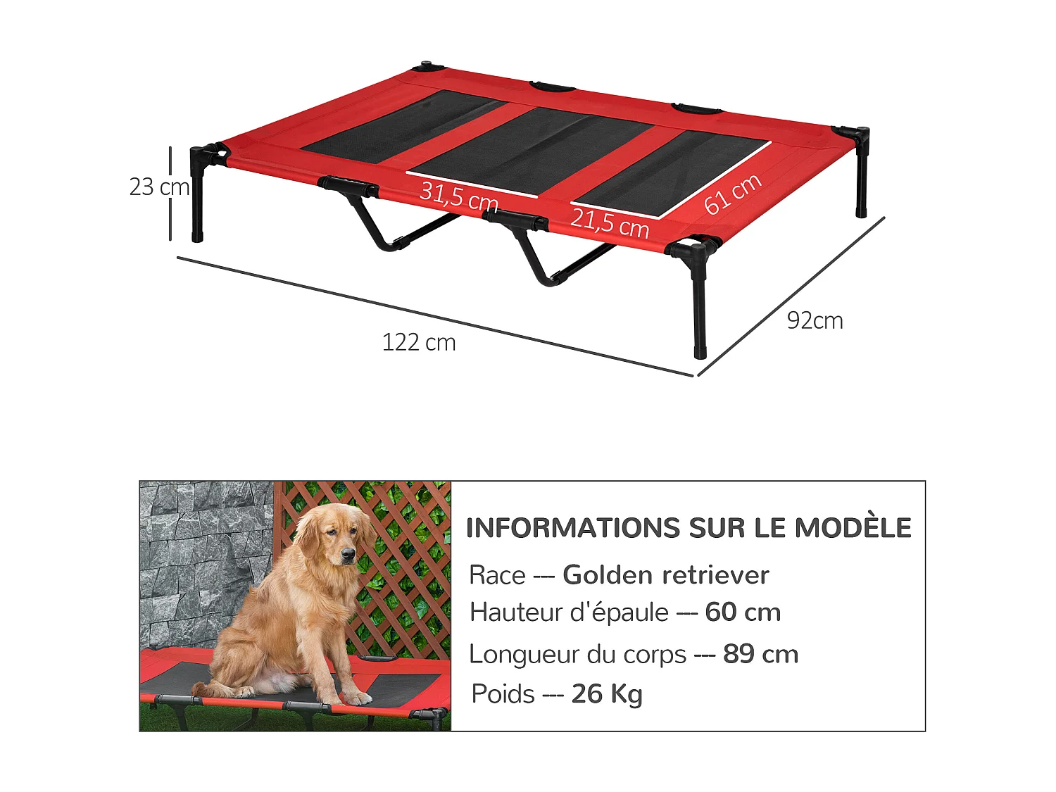 Lit sur pieds XXL pour chien chat lit de camp animal lit surélevé Oxford textilène micro-perforé dim. 122L x 92l x 23H cm rouge