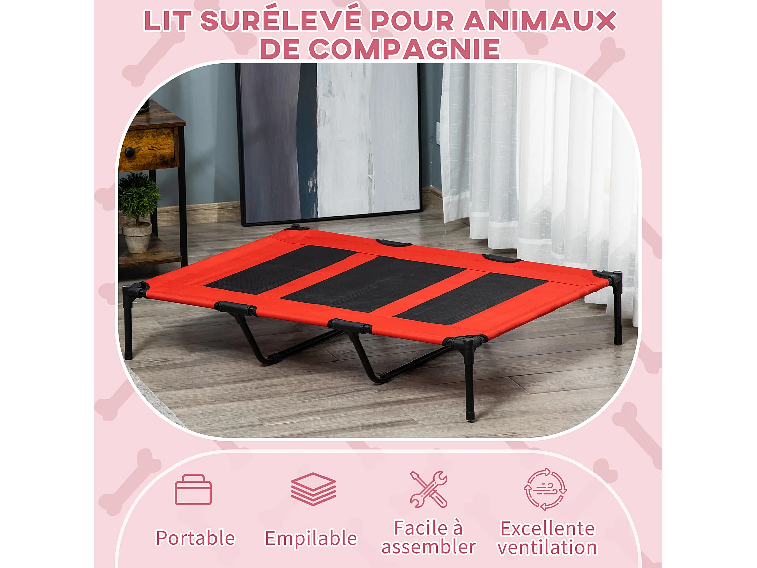 Lit sur pieds XXL pour chien chat lit de camp animal lit surélevé Oxford textilène micro-perforé dim. 122L x 92l x 23H cm rouge