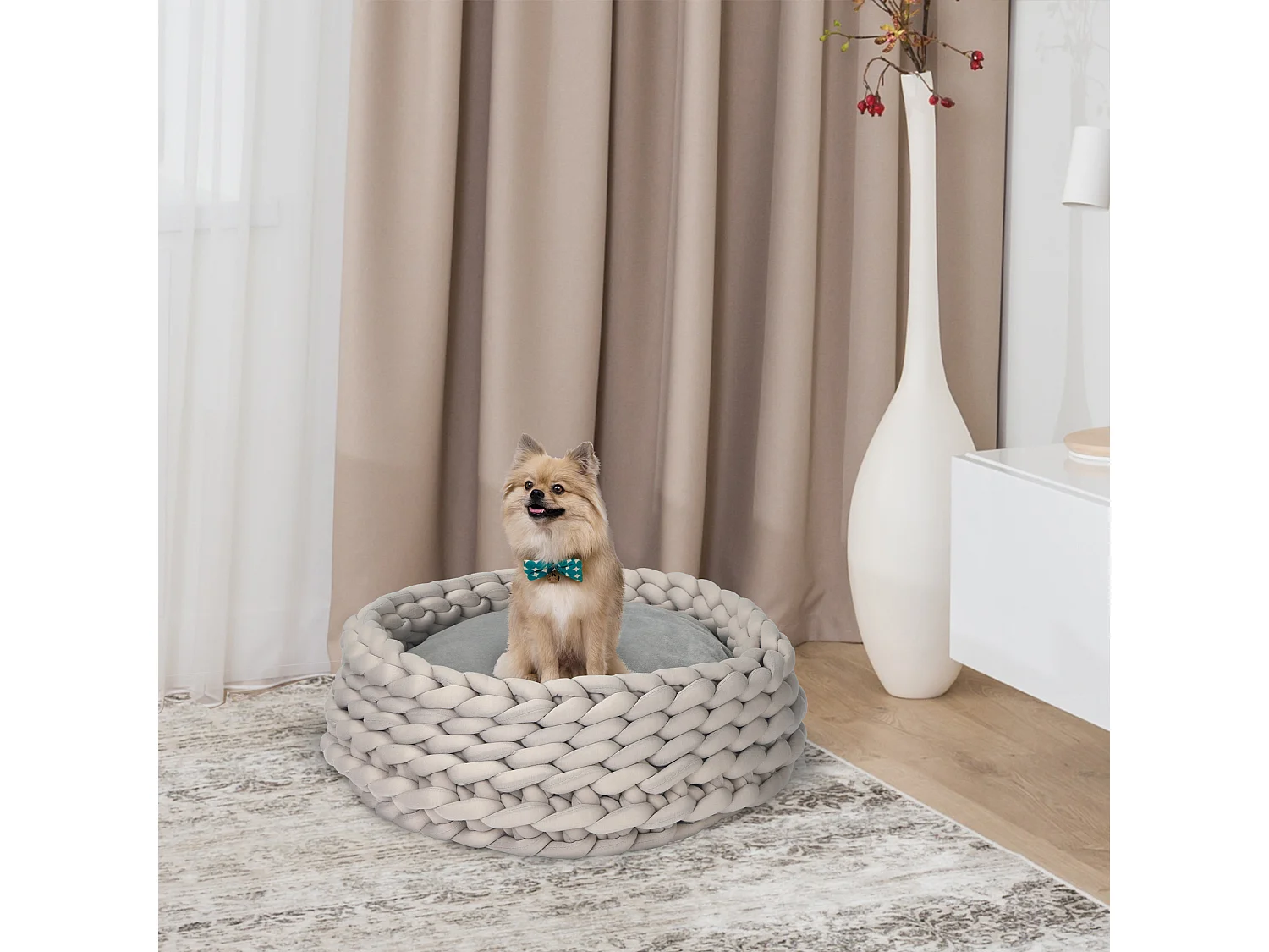 Panier pour chien chat Ø50 x 19H cm effet tressé tricot - coussin amovible et lavable en machine - polyester gris