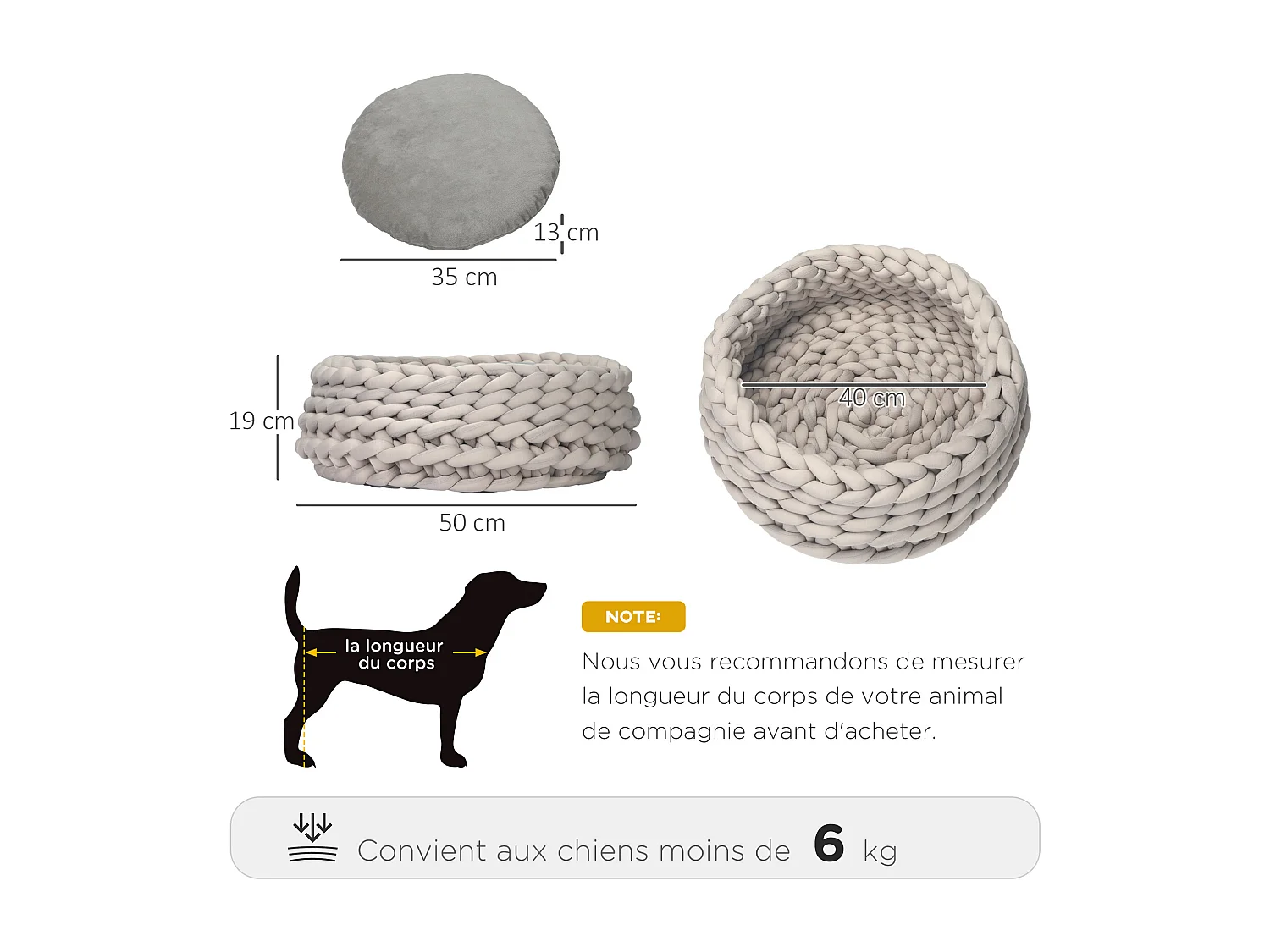 Panier pour chien chat Ø50 x 19H cm effet tressé tricot - coussin amovible et lavable en machine - polyester gris