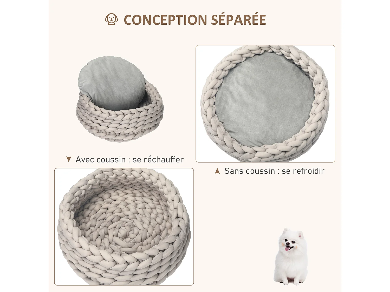 Panier pour chien chat Ø50 x 19H cm effet tressé tricot - coussin amovible et lavable en machine - polyester gris