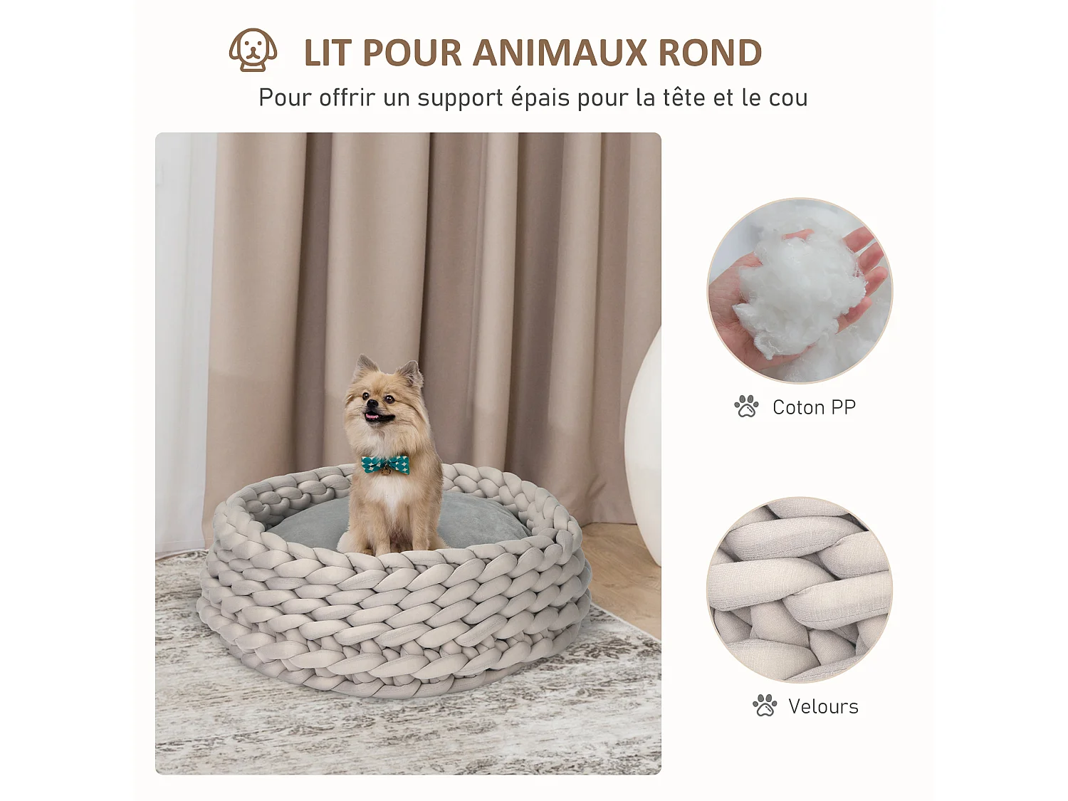 Panier pour chien chat Ø50 x 19H cm effet tressé tricot - coussin amovible et lavable en machine - polyester gris