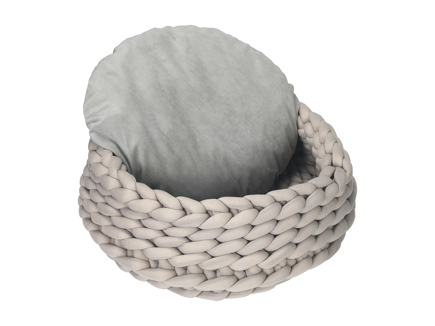 Panier pour chien chat Ø50 x 19H cm effet tressé tricot - coussin amovible et lavable en machine - polyester gris
