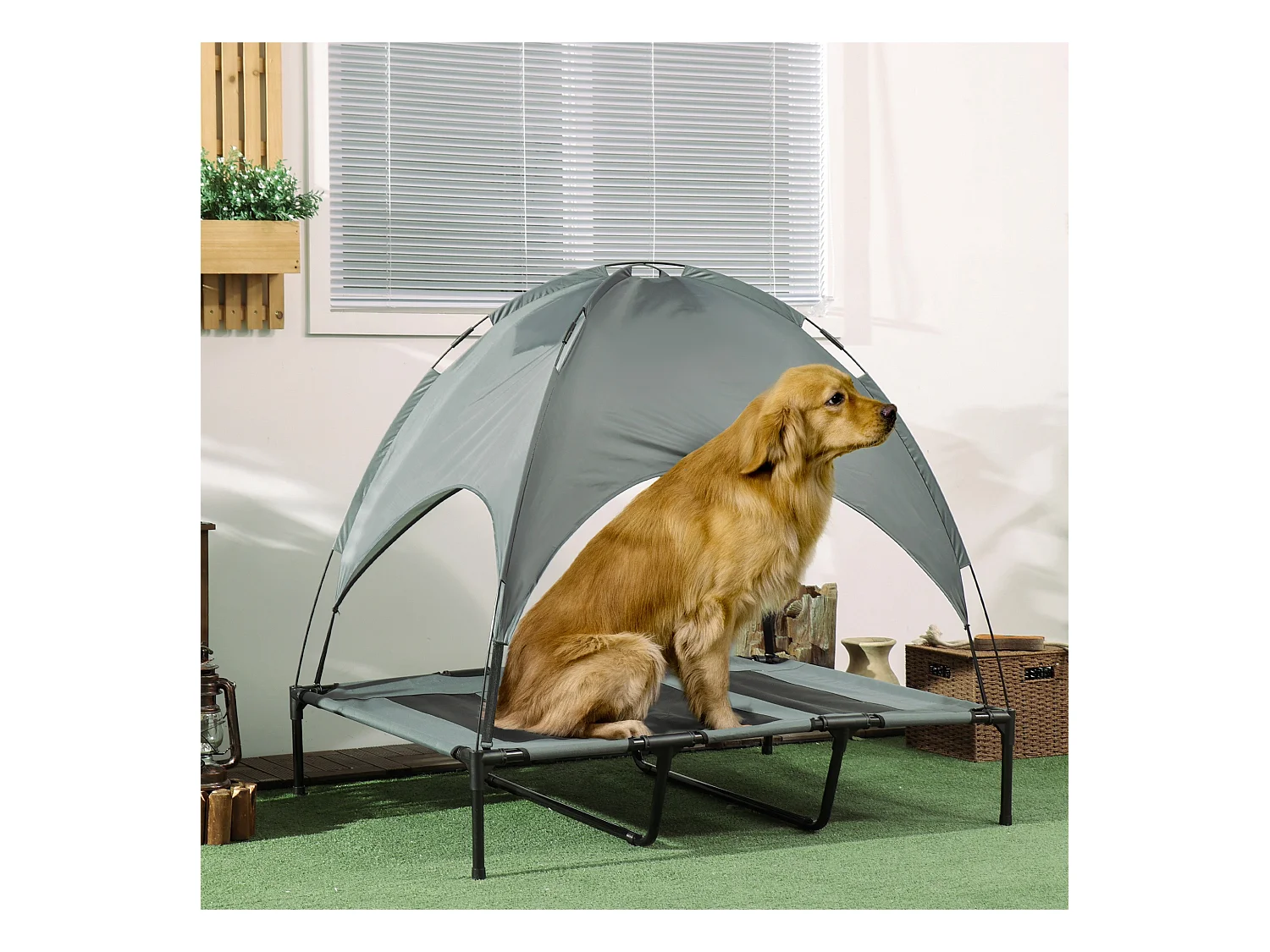 Lit pour chien chat sur pied velum anti-UV tissu Oxford micro-perforé sac transport inclus gris