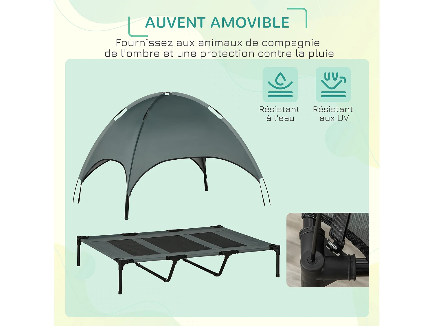 Lit pour chien chat sur pied velum anti-UV tissu Oxford micro-perforé sac transport inclus gris