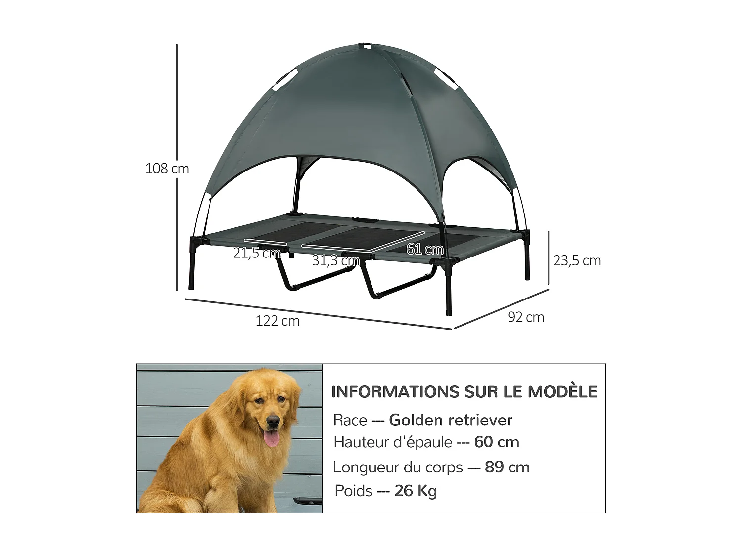 Lit pour chien chat sur pied velum anti-UV tissu Oxford micro-perforé sac transport inclus gris