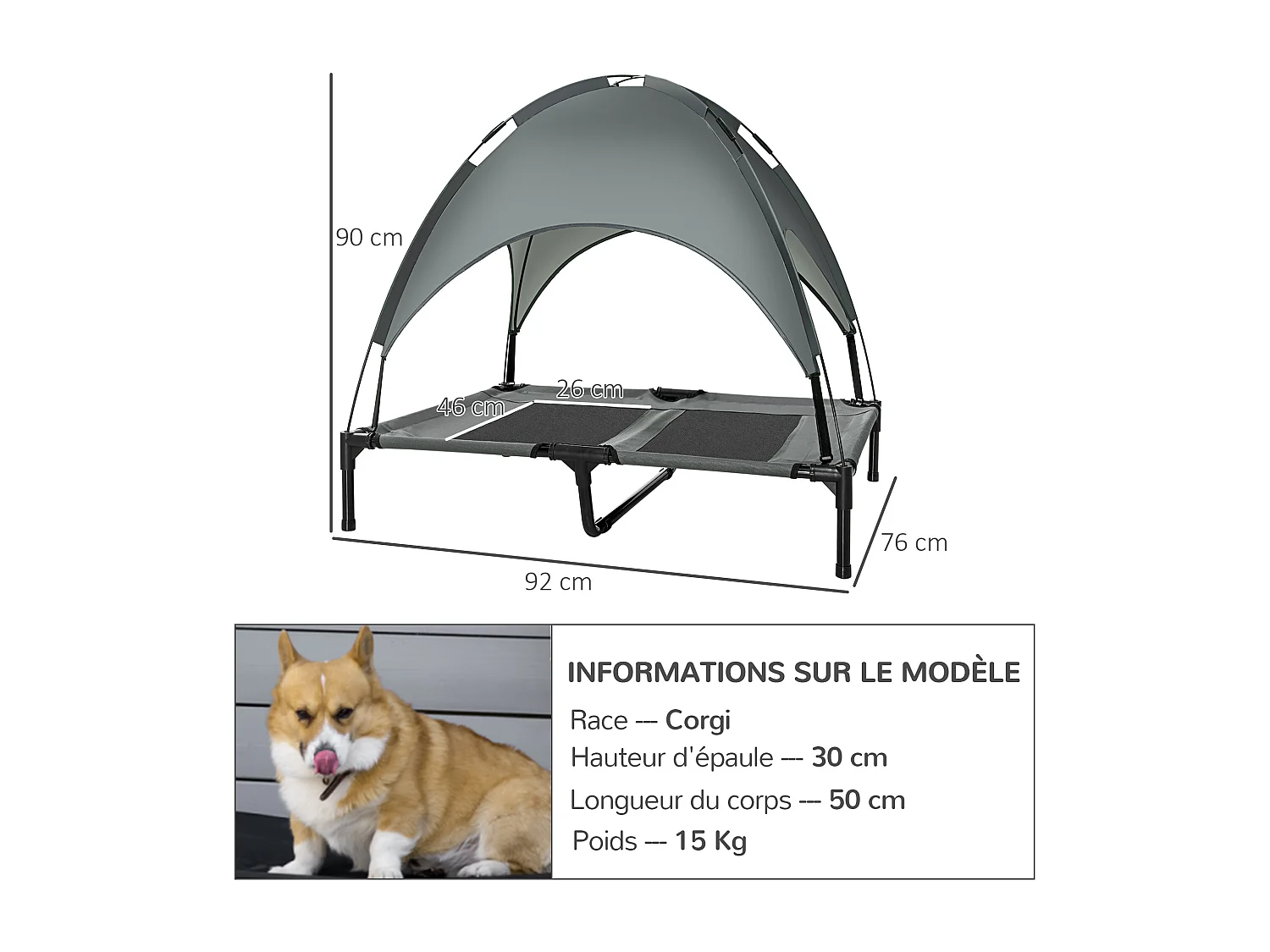 Lit pour chien chat ur pied lit de camp lit urélevé rafraîchiant velum anti-UV Oxford micro-perforé paraol et ac de tranport inclu dim. 92L x 76l x 90H cm gri noir