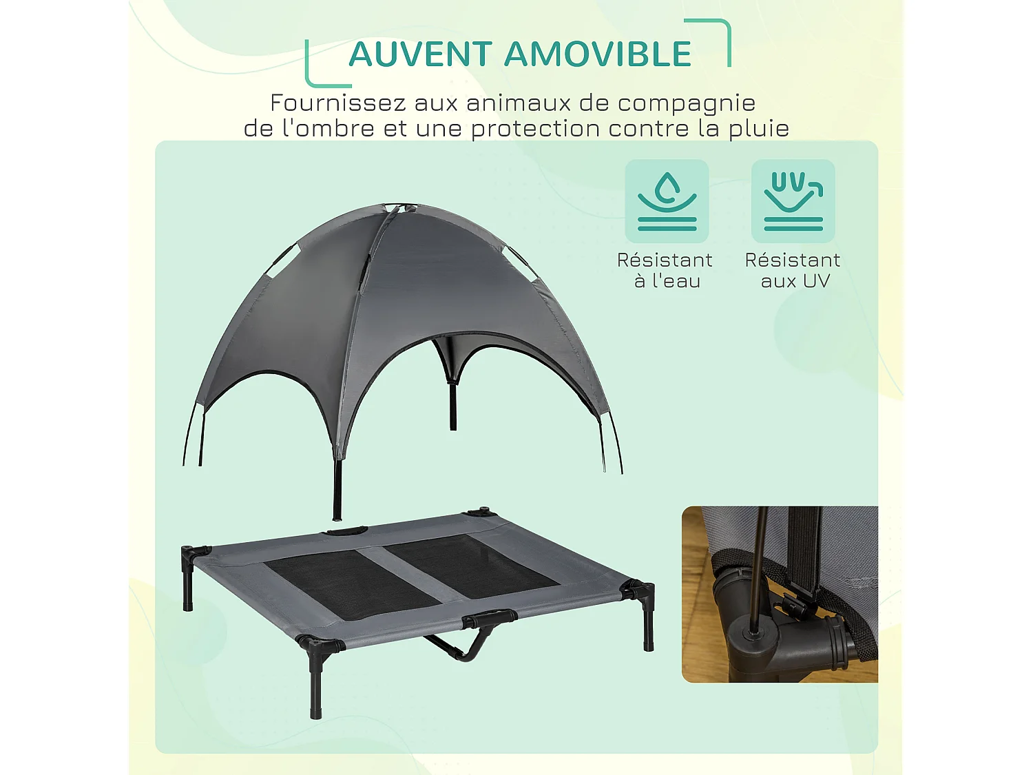 Lit pour chien chat ur pied lit de camp lit urélevé rafraîchiant velum anti-UV Oxford micro-perforé paraol et ac de tranport inclu dim. 92L x 76l x 90H cm gri noir