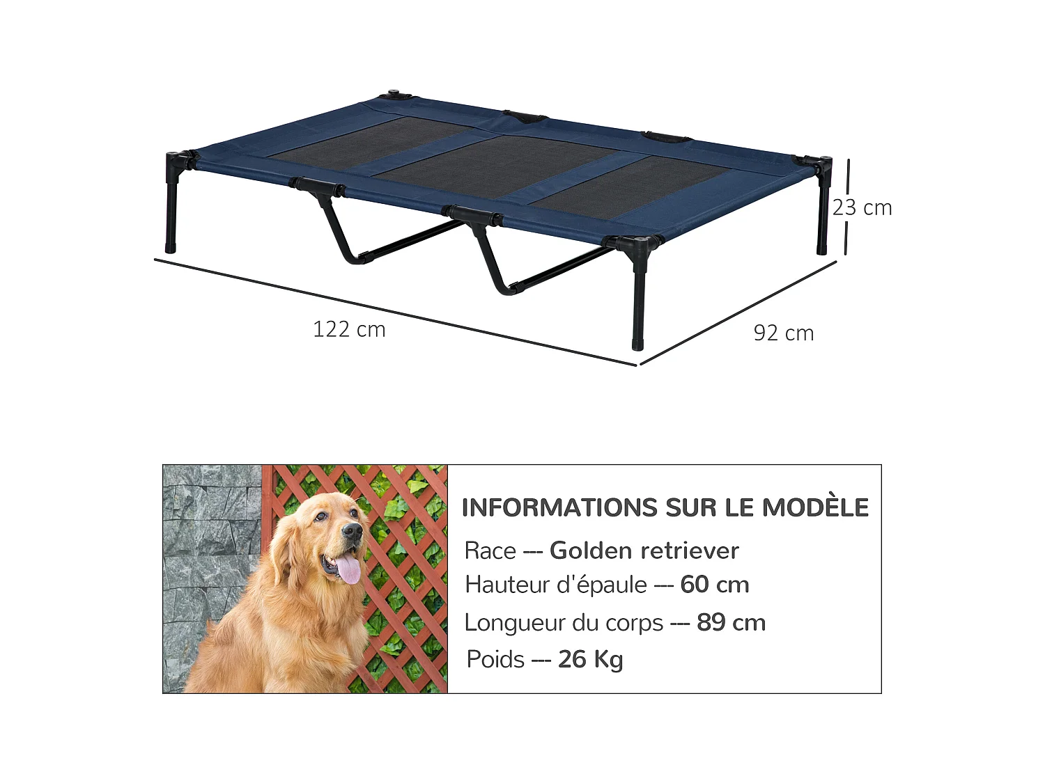 Lit sur pieds XXL pour chien chat lit de camp animal lit surélevé Oxford textilène micro-perforé dim. 122L x 92l x 23H cm bleu