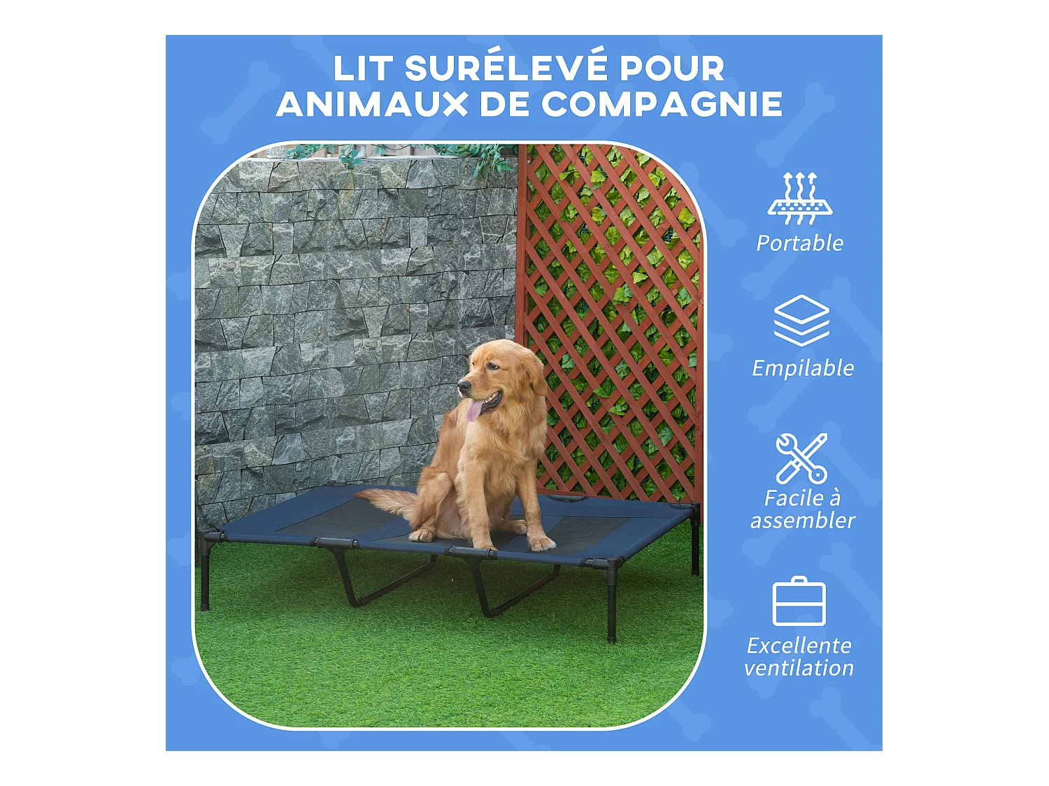 Lit sur pieds XXL pour chien chat lit de camp animal lit surélevé Oxford textilène micro-perforé dim. 122L x 92l x 23H cm bleu