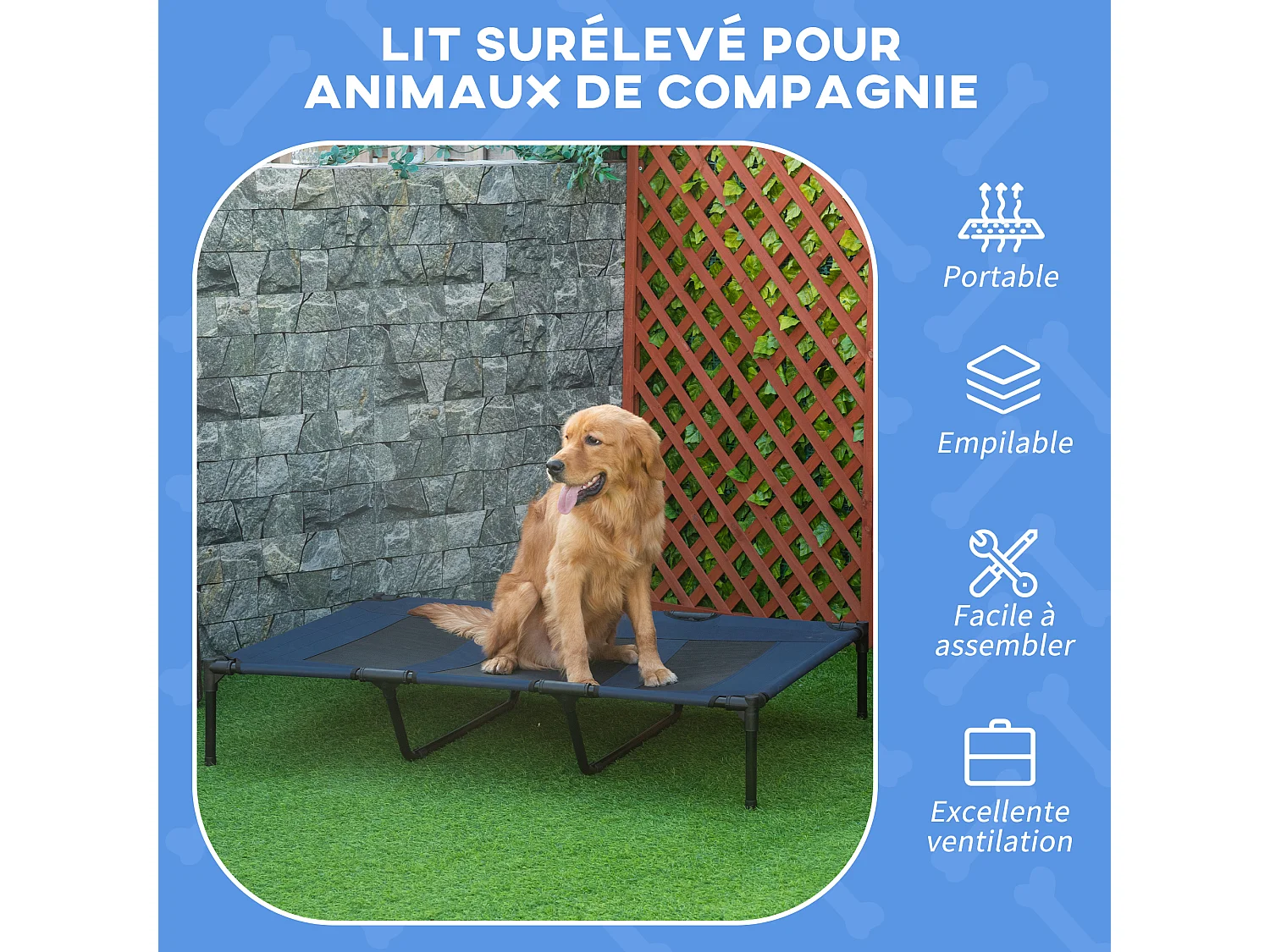 Lit sur pieds XXL pour chien chat lit de camp animal lit surélevé Oxford textilène micro-perforé dim. 122L x 92l x 23H cm bleu