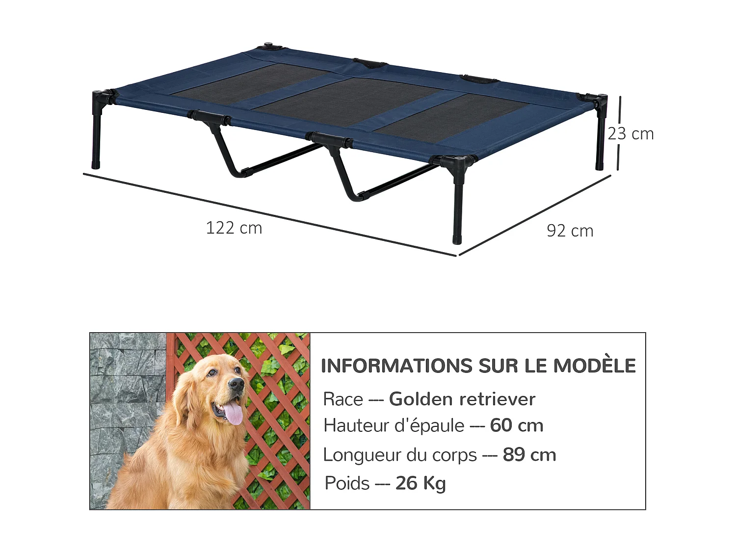 Lit sur pieds XXL pour chien chat lit de camp animal lit surélevé Oxford textilène micro-perforé dim. 122L x 92l x 23H cm bleu