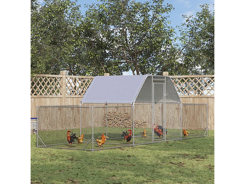 Enclos poulailler chenil 12,54 m² - parc grillagé dim 6,6L x 1,9l x 1,95H m - espace couvert - acier galvanisé