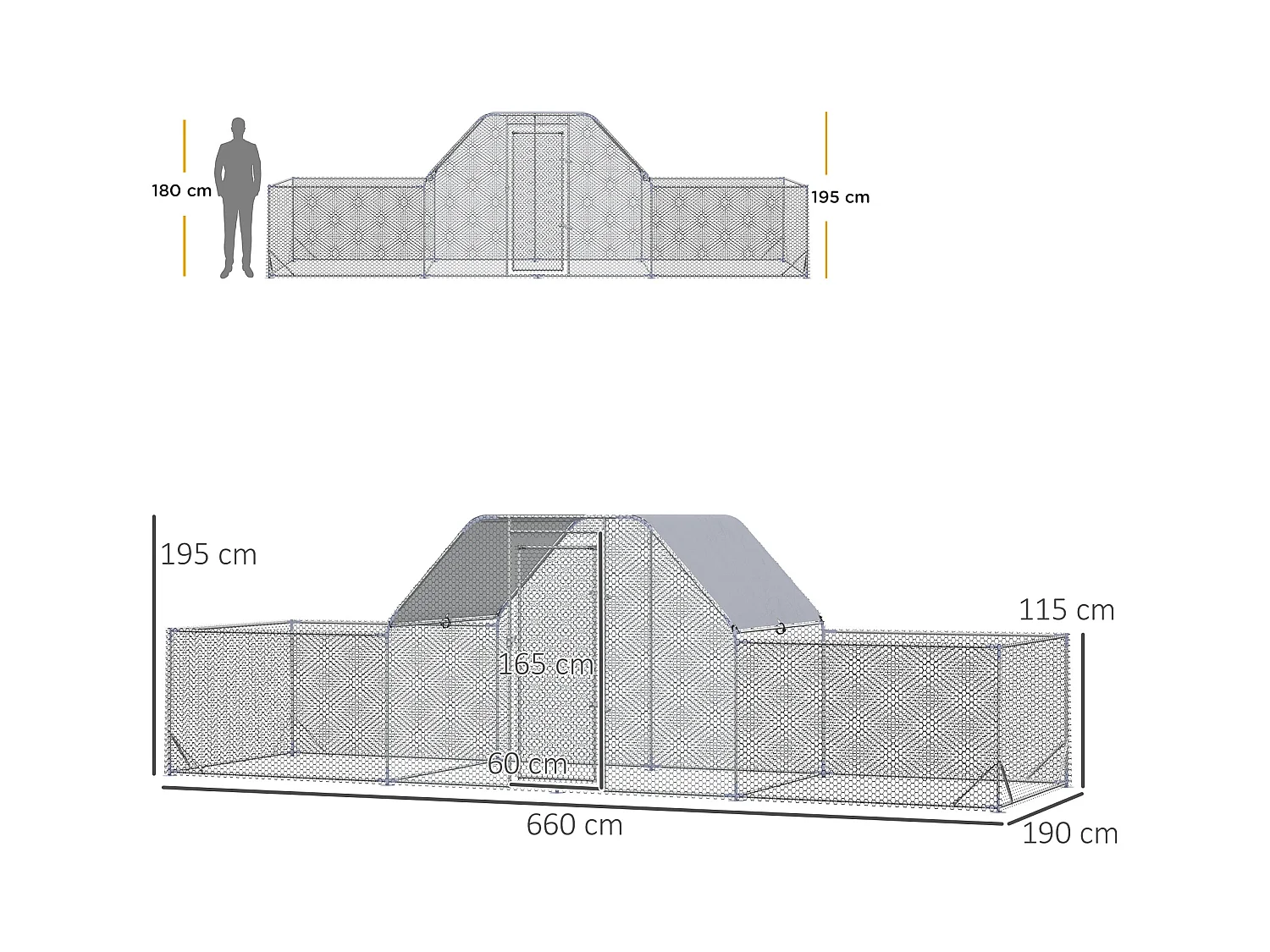 Enclos poulailler chenil 12,54 m² - parc grillagé dim 6,6L x 1,9l x 1,95H m - espace couvert - acier galvanisé