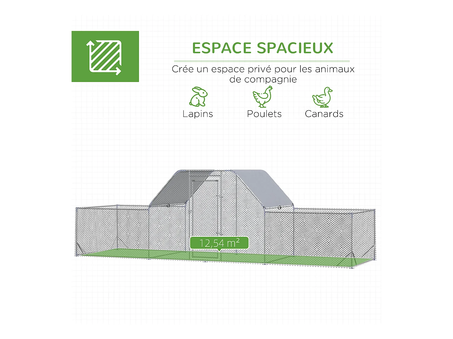 Enclos poulailler chenil 12,54 m² - parc grillagé dim 6,6L x 1,9l x 1,95H m - espace couvert - acier galvanisé