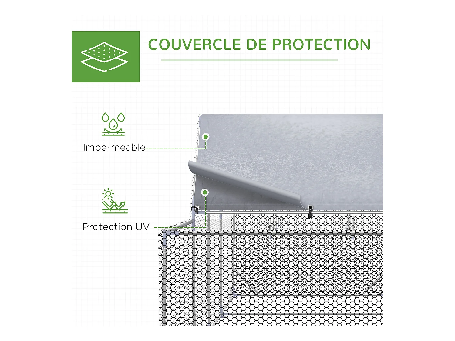 Enclos poulailler chenil 12,54 m² - parc grillagé dim 6,6L x 1,9l x 1,95H m - espace couvert - acier galvanisé